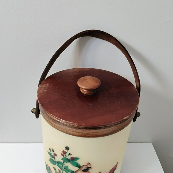 Vintage Bacova Guild Fiberglass Ice Bucket Leather Handle Cardinal Chickadee Bir - Picture 12 of 13